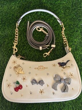 COACH Cream Leather Shoulder Bag with Embellished Charms